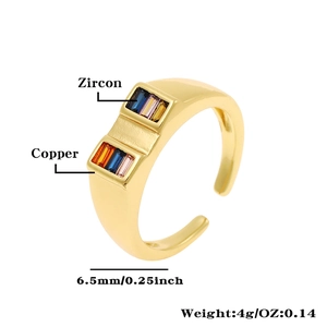 Detail view of 6.5mm wide copper ring with 18K gold plating and colorful zircon stones