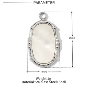 Macro view of oval shell pendant dimensions with silver stainless steel frame details
