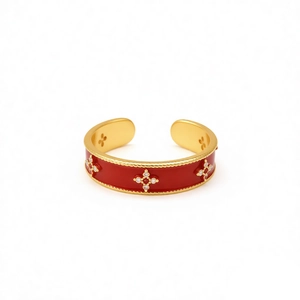 18k gold plated open ring with red floral enamel and star-shaped zircon stones