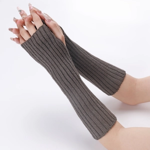 Close-up of deep coffee knitted arm warmers with thumb holes and ribbed texture