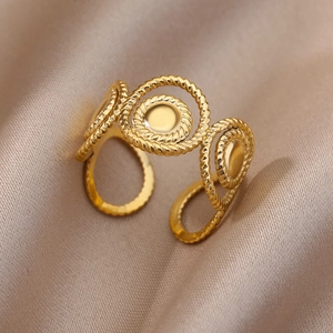 Detailed view of 18k gold plated ring with triple circle rope texture on silk