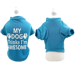 Detail of teal pet vest featuring white My Dog Thinks I am Awesome slogan print