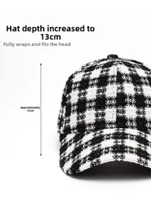 Detail view of winter baseball cap showing 13cm crown depth and black white plaid tweed