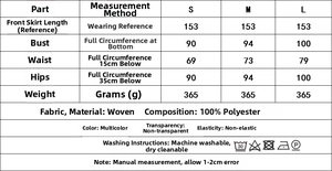 Detailed size chart and fabric specifications for the French-style satin halter dress