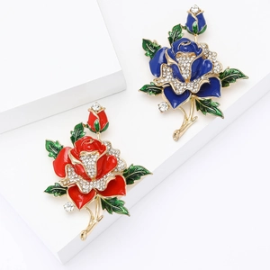 Fashion Enamel Rose Flower Brooch For Women Gold Alloy Rhinestone Floral Lapel Pin Jewelry Accessory For Wedding Banquet