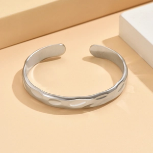 Baroque hammered texture open cuff bracelet in polished silver stainless steel for women
