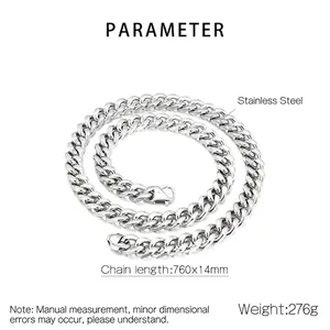 Detail of 14mm silver stainless steel Cuban link chain with secure lobster clasp