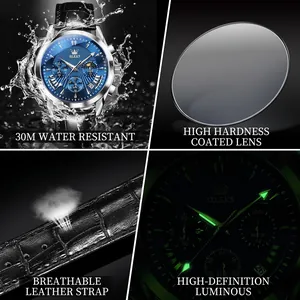 Men's business quartz watch with blue dial, waterproof features and leather strap
