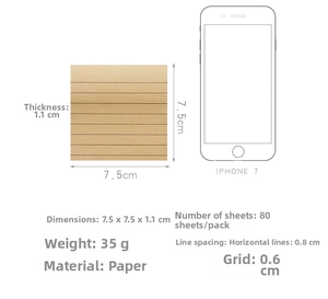 Gedetailleerde afmetingen voor 7,5cm vierkante plaknotities met mobiele schaalvergelijking