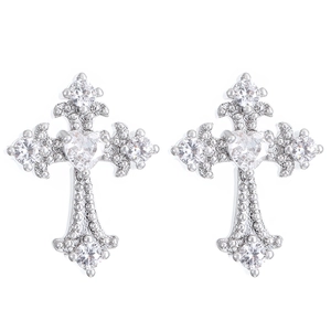Pendientes de cruz vintage en plata con circonita de corazón y cristales pavimentados