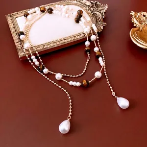 Vintage multi-layer pearl and tiger eye beaded necklace with teardrop pendants