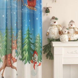Detail of Christmas themed blackout curtain showing reindeer, snowmen and winter pines