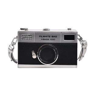 Retro camera-shaped silver and black crossbody bag with metallic chain strap