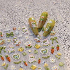 Stickers à ongles mignons lapin et canard avec carottes et nœuds vichy pour manucure DIY