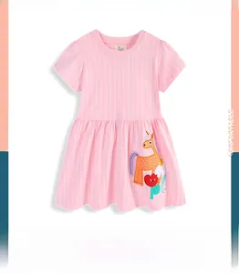 Detail of pink striped girls dress featuring cartoon unicorn and floral embroidery