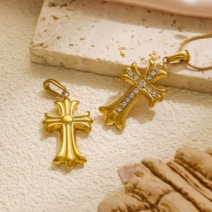 Polished 18k gold plated stainless steel cross pendants with sparkling zircon stone