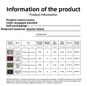 Size chart showing fabric Christmas ball ornaments dimensions 32x24x8cm and 425g weight