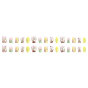 Fresh butterfly nail art with yellow flowers and green French tips, 30pcs set