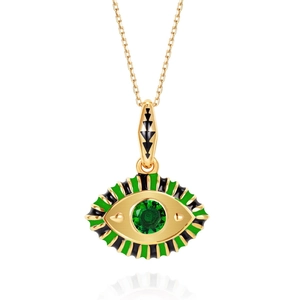 Macro view of gold devil eye pendant with green crystals and enamel on a fine chain