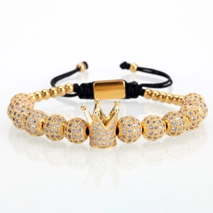 Men's gold crown bead bracelet with cubic zirconia and adjustable black woven cord