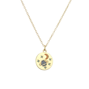 Collana dorata con ciondolo celeste saturno luna e stelle con zirconi incastonati