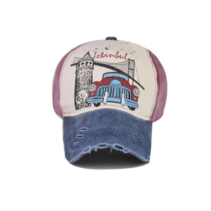 Vintage Istanbul printed patchwork baseball cap with distressed brim and retro embroidery