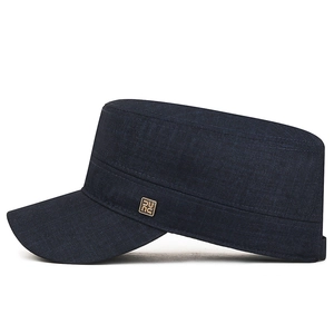 Classic dark blue denim cadet cap with square metal logo side detail for men