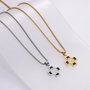 Gold and silver stainless steel Saint Benedict cross necklaces with box chains