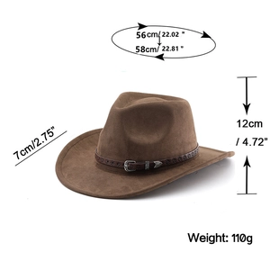 Classic brown suede felt cowboy hat with vintage decorative belt and metal buckles