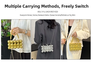 Detail showing gold and silver acrylic box bags with decorative metallic spheres and chain