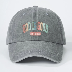 Vintage washed grey baseball cap featuring God IS GOOD print with adjustable strap back
