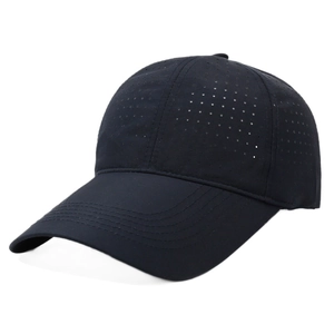 Breathable black quick-dry baseball cap with laser-cut ventilation holes and curved brim
