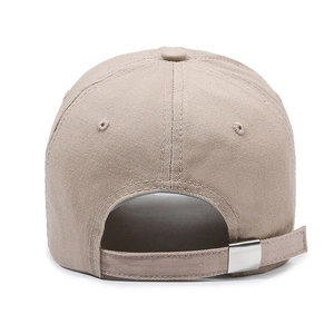 Adjustable back view of a khaki cotton twill baseball cap with silver metal buckle