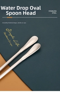 Macro detail of oval teardrop spoon head with brushed stainless steel finish