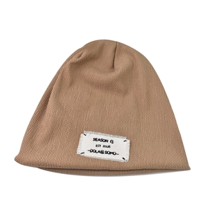 Khaki knitted beanie hat for men and women with vintage Season 13 patch decor