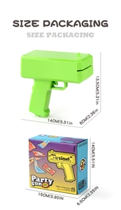 Detailed dimensions of green electric money gun with size labels and packaging info