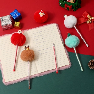 Christmas stationery set with Santa plush ball pens and a pink fuzzy notebook gift