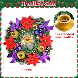 Detailed dimension view of 11.8-inch Christmas wreath with purple bows and gold candle cups