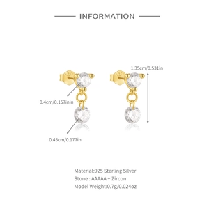 Detail view of gold S925 silver earrings with sparkling cubic zirconia and dimensions