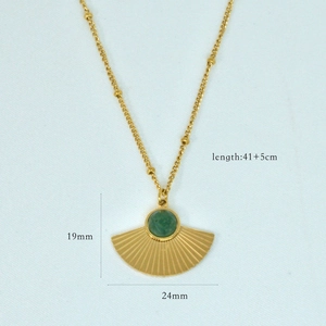 Macro detail of fan-shaped pendant with green stone and measurements of 19mm by 24mm