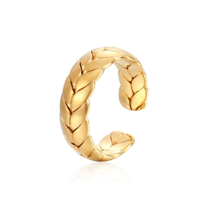 Adjustable 18K gold-plated stainless steel open ring with a detailed wheat ear leaf pattern