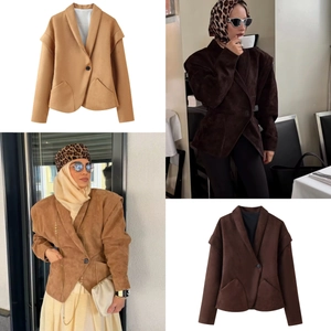 Women Faux Suede Blazer Jacket Single Button V Neck Shawl Collar Long Sleeve Short Solid Color Chic Outerwear