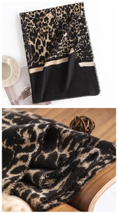 Detail of leopard print cashmere scarf showing fabric texture and fringe trim