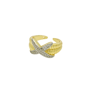 Close-up of dual-tone X-shaped ring with zircon stones and textured adjustable band