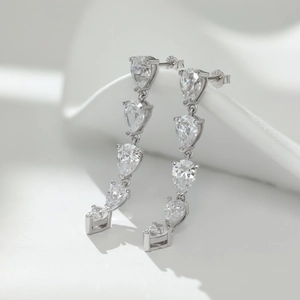 Detail shot of S925 sterling silver stamp on water drop zircon earrings with 5 stones
