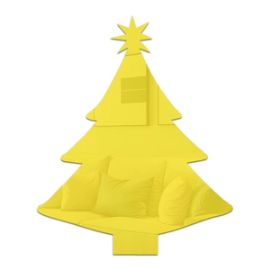 Detail of yellow acrylic mirror Christmas tree sticker with reflective surface on white background