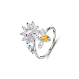 Rotating daisy bee open ring with pink crystal and yellow pear cut bee detail