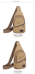 Detailed view of khaki canvas chest bag with adjustable strap and front zipper pocket