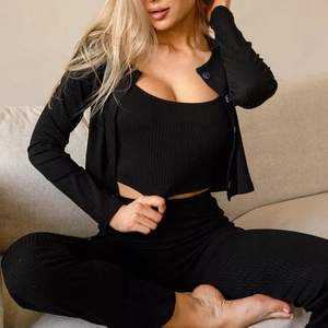 Set da casa 3 pezzi in maglia a coste nera con cardigan, canotta e pantaloni a vita alta