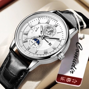 Comudir business quartz watch with white moon phase dial and black leather strap